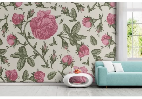 Carta da Parati fiori rosa decorazione vintage.