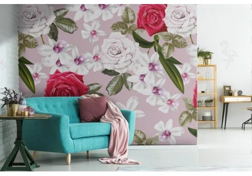 Red and white roses nature pattern wallpaper.