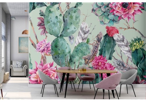 Cactus and tropical flowers wallpaper pattern.