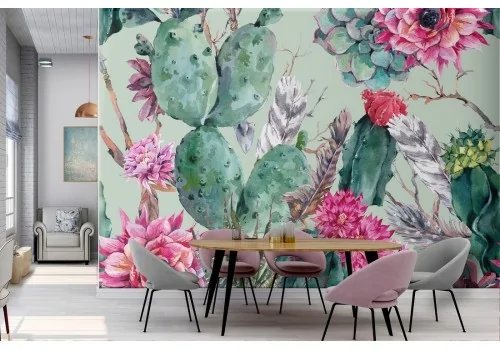 Cactus and tropical flowers wallpaper pattern.