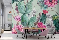 Cactus and tropical flowers wallpaper pattern.