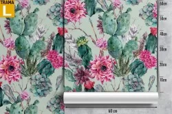 Cactus and tropical flowers wallpaper pattern.