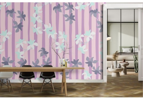 Wallpaper with stylized white flowers and stripe pattern.
