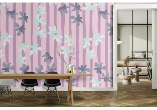 Wallpaper with stylized white flowers and stripe pattern.