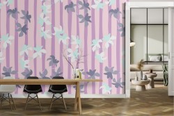 Wallpaper with stylized white flowers and stripe pattern.