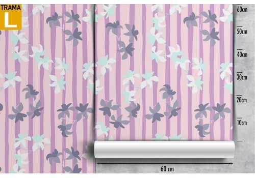 Wallpaper with stylized white flowers and stripe pattern. 2