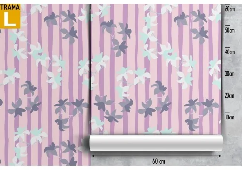 Wallpaper with stylized white flowers and stripe pattern. 2