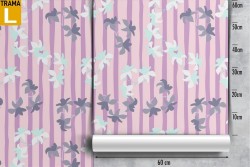 Wallpaper with stylized white flowers and stripe pattern.