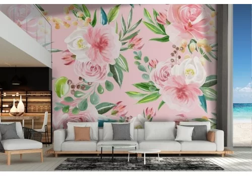 Carta da Parati fiori natura fondo rosa vintage.