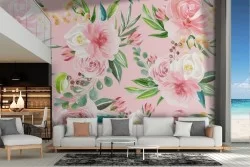 Carta da Parati fiori natura fondo rosa vintage.