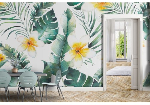 Tropical flowers and leaves wallpaper pattern.