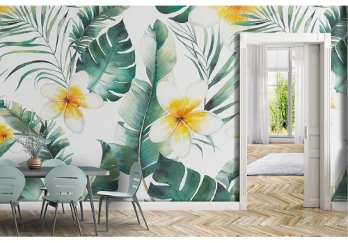 Tropical flowers and leaves wallpaper pattern.