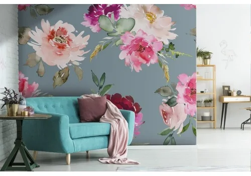 Pink and purple flower wallpaper, modern nature pattern.