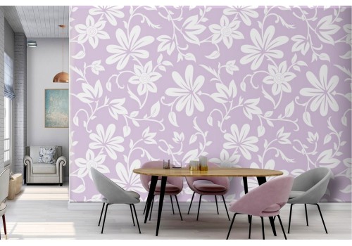 Wallpaper with stylized flowers pattern in white and pink.