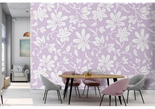 Stylized flowers wallpaper pattern in white and pink.
