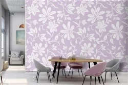 Wallpaper with stylized flowers pattern in white and pink.