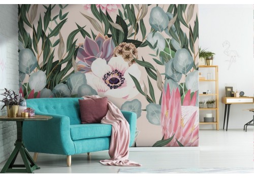 Large flowers wallpaper vintage design pattern.