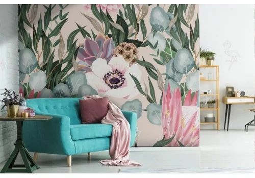 Large flowers wallpaper vintage design pattern.