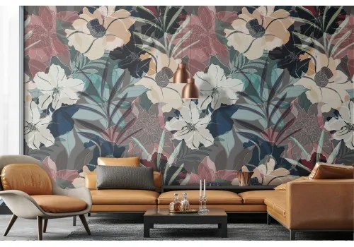 Modern abstract nature wallpaper with flowers and leaves.