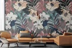 Modern abstract nature wallpaper with flowers and leaves.