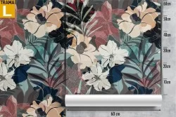 Modern abstract nature wallpaper with flowers and leaves.
