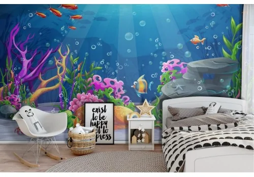 Underwater landscape wallpaper with fish and corals