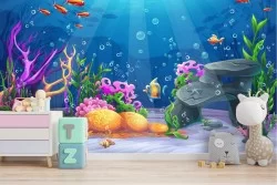 Underwater landscape wallpaper with fish and corals