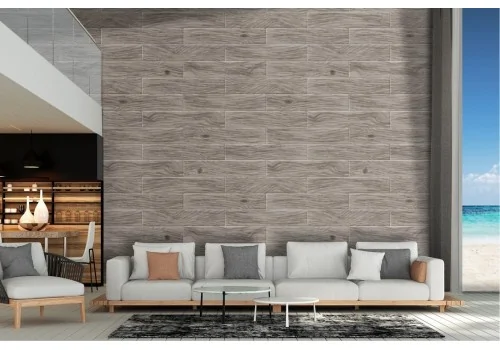 Gray brick effect wallpaper surface.