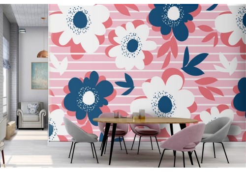 Wallpaper with stylized flowers and modern stripe pattern.