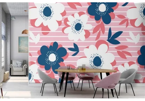 Wallpaper with stylized flowers and modern stripe pattern.