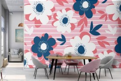 Wallpaper with stylized flowers and modern stripe pattern.