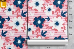 Wallpaper with stylized flowers and modern stripe pattern.