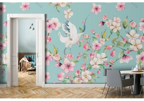 Pink flowers and geese nature vintage pattern wallpaper.