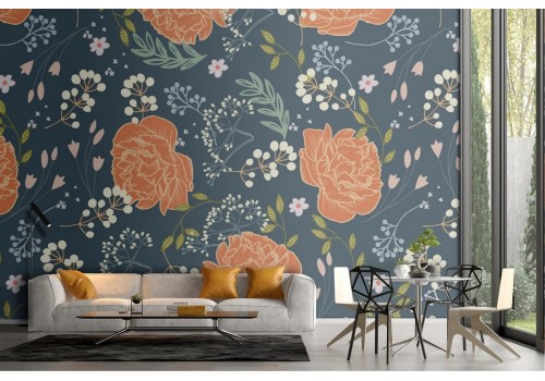 Orange roses wallpaper with blue background vintage pattern.