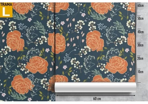 Carta da Parati rose arancione fondo blu pattern vintage. 2