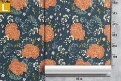 Orange roses wallpaper with blue background vintage pattern.