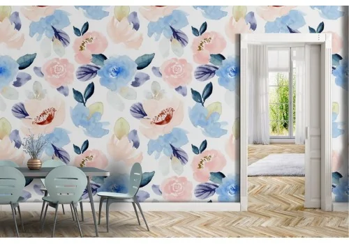Blue and pink roses wallpaper flower pattern.