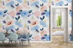 Carta da Parati rose azzurro e rosa pattern fiori.