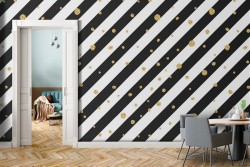 Carta da Parati decorazione moderna righe nero e oro.