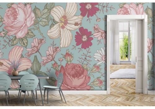 Carta da Parati fiori rosa e bianchi pattern natura.