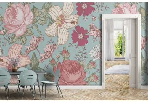 Carta da Parati fiori rosa e bianchi pattern natura.