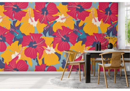 Wallpaper with stylized flowers in orange and red.
