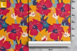 Wallpaper with stylized flowers in orange and red.