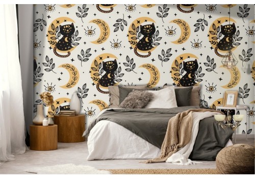 Wallpaper with cats and moons modern pattern.