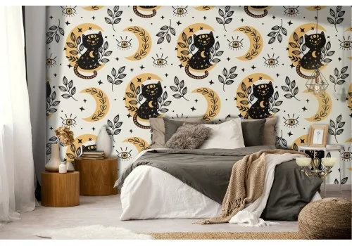 Wallpaper with cats and moons modern pattern.