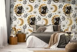 Carta da Parati gatti e lune pattern moderno.