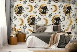 Wallpaper with cats and moons modern pattern.