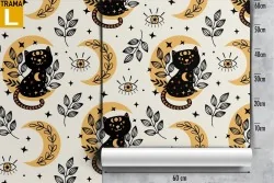 Wallpaper with cats and moons modern pattern.