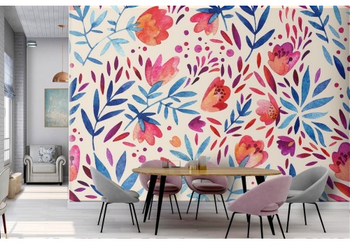 Red flowers and stylized leaves wallpaper pattern.