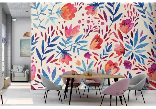 Red flowers and stylized leaves pattern wallpaper.